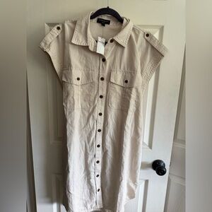 Cream Sleeveless Mini Shirt Dress with Notched Collar